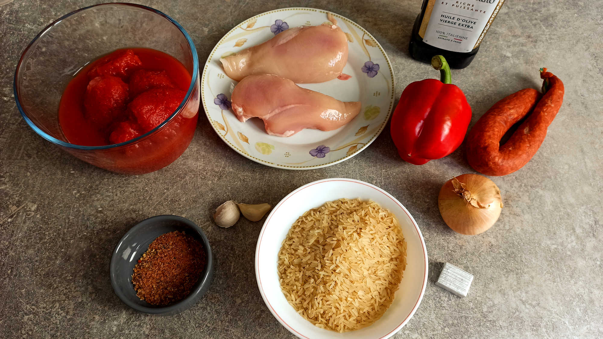 Les ingrédients du jambalaya poulet chorizo