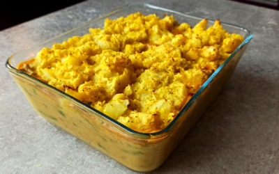 Parmentier de crevettes au curry et haricots verts