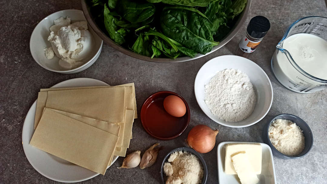 Les ingrédients de la lasagne épinards ricotta