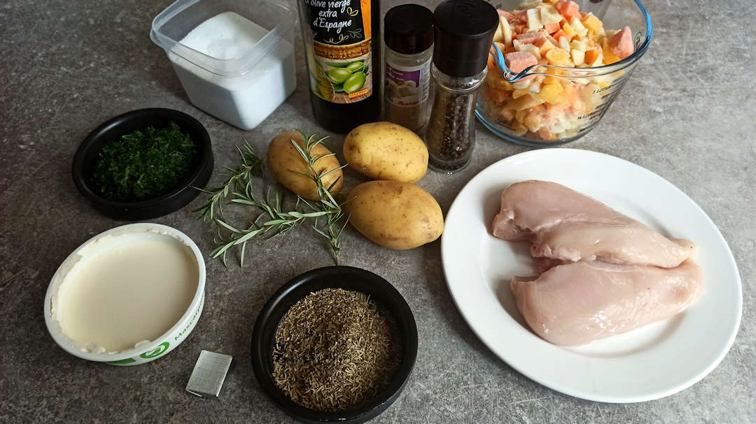 Les ingrédients du poulet aux herbes de provences et pommes de terre croustillantes