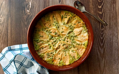 Gratin de conchiglioni au crabe et petits pois