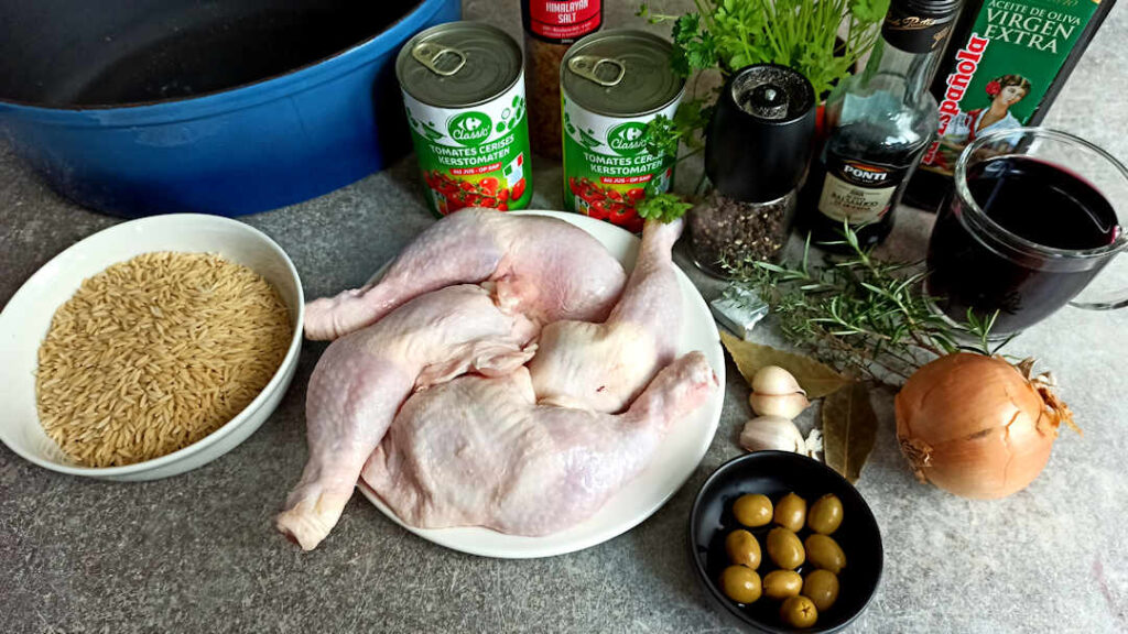 Les ingrédients du poulet chasseur et orzo