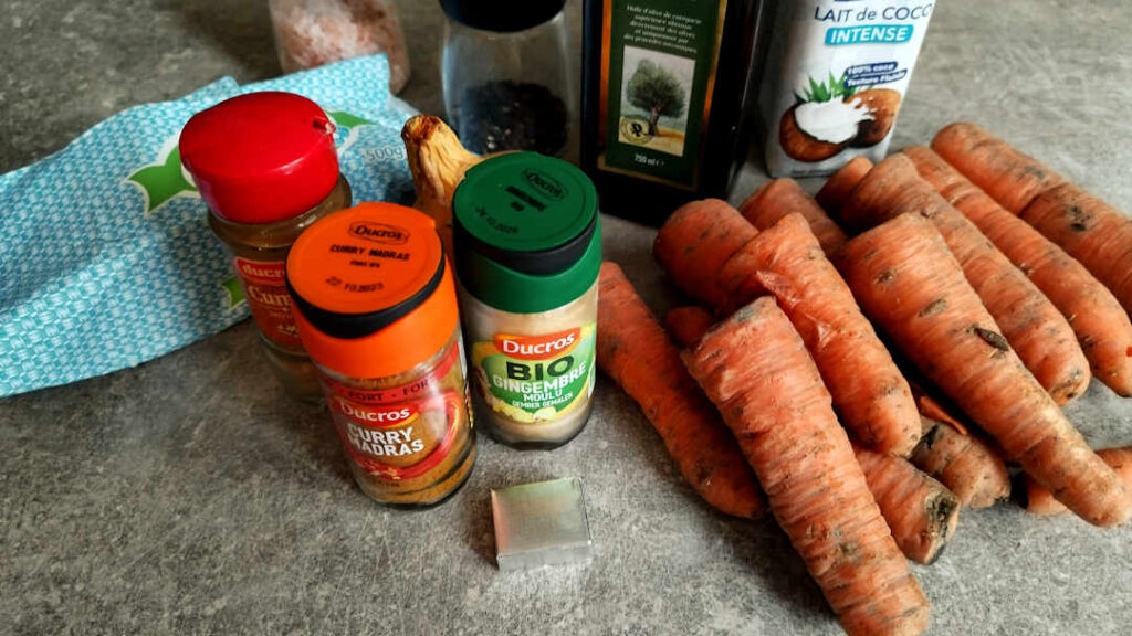Les ingrédients du velouté carottes coco
