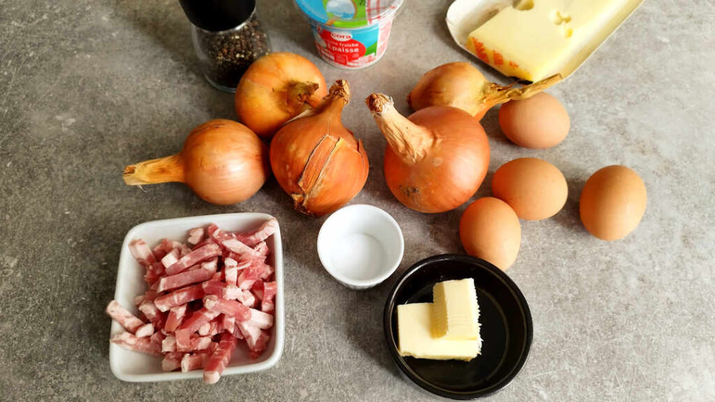 Les ingrédients de la garniture de la tarte bernoise aux oignons