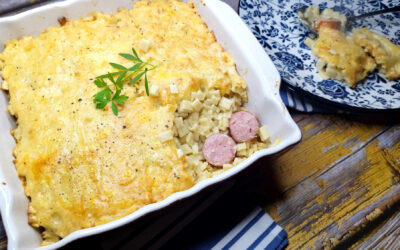 Gratin de crozets saucisses fumées et Beaufort
