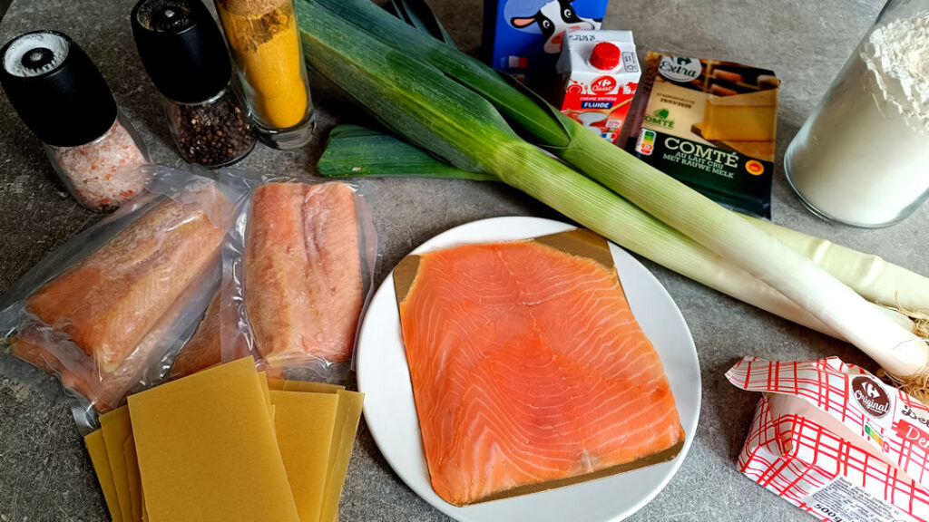 Les ingrédients des lasagnes aux deux saumons